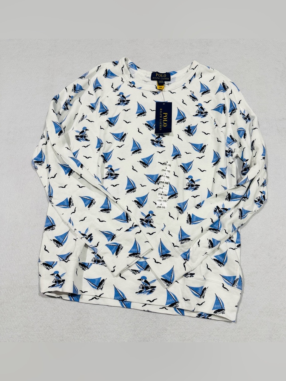 NWT Polo Ralph Lauren boy‘s White Sailboat Print Long Sleeve Tee Size L